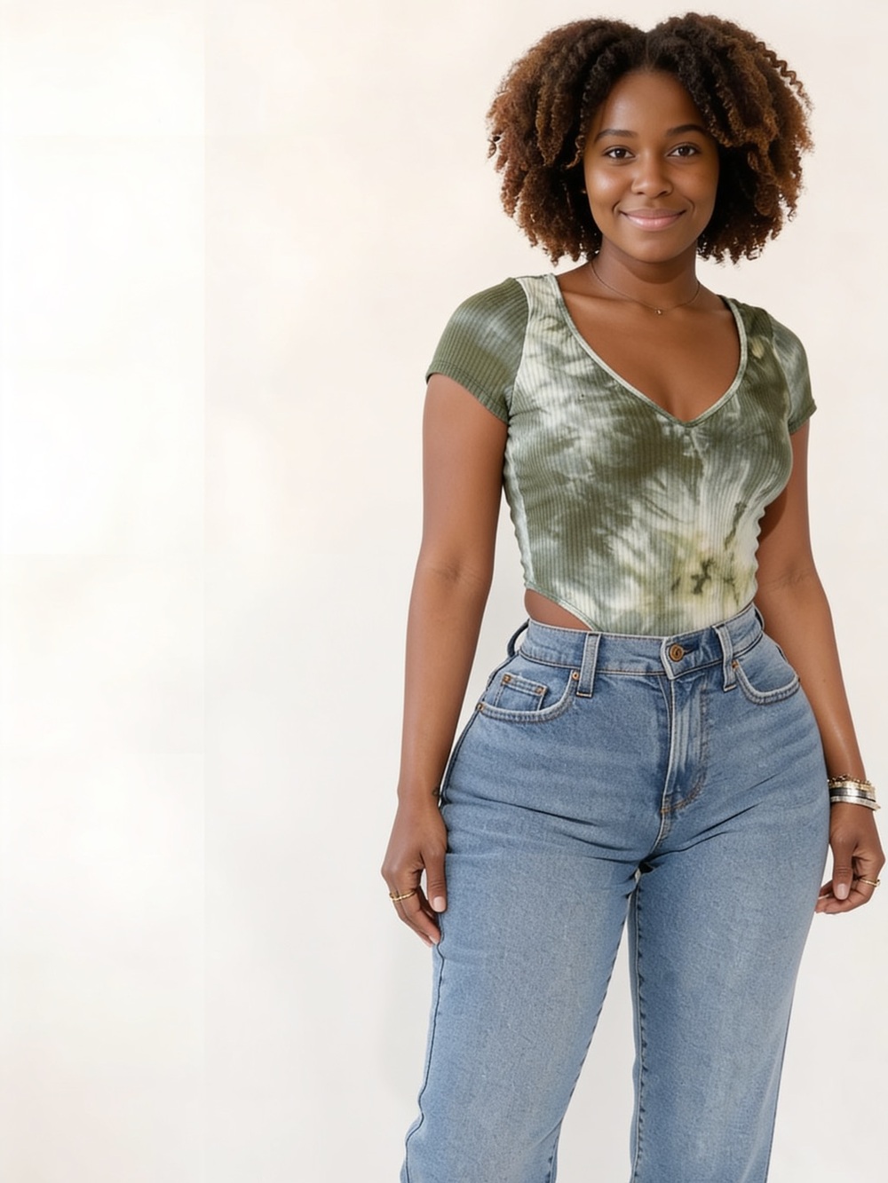 Fashion Nova Olive Tie-Dye Ribbed V-Neck Bodysuit